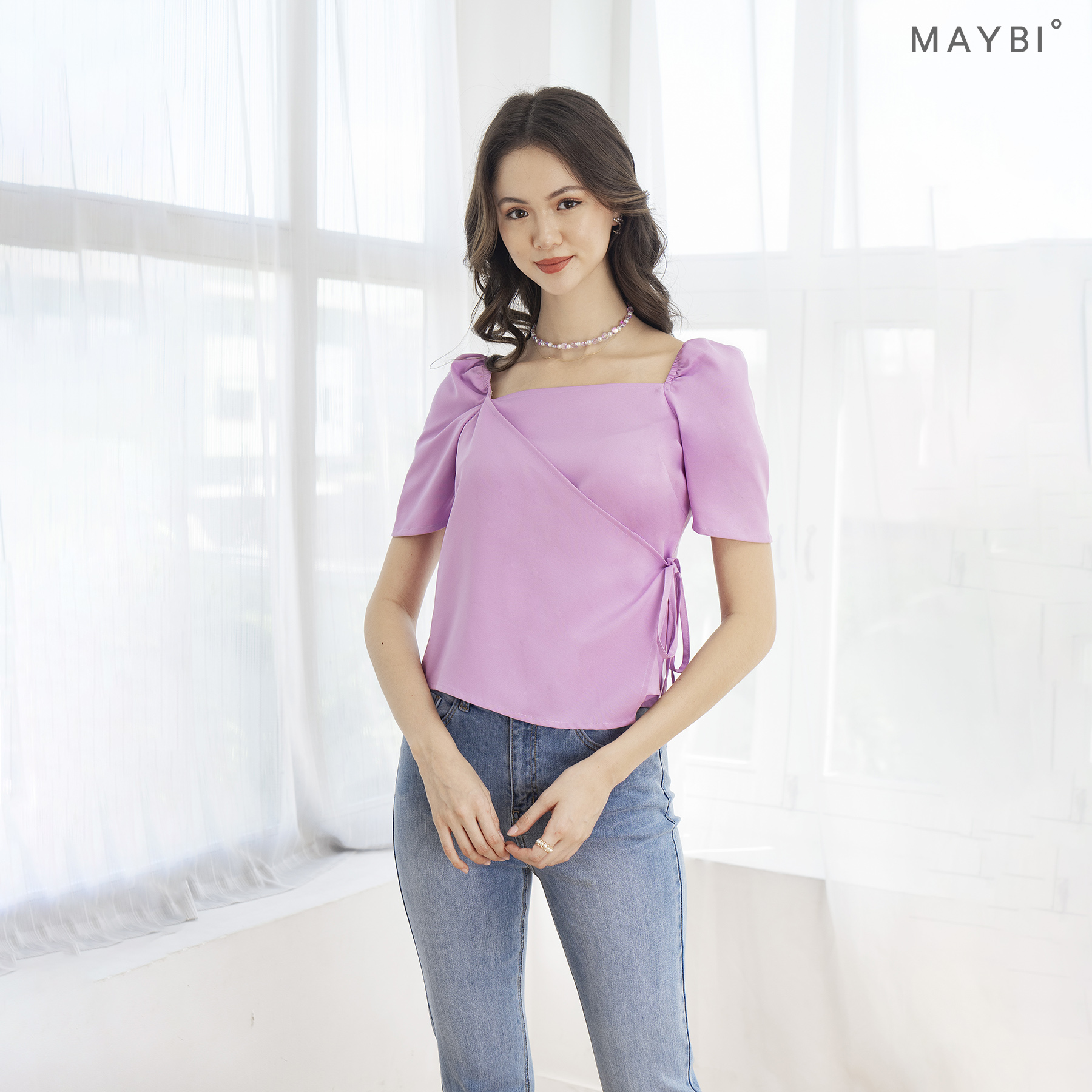 Áo tím đắp tà MAYBI cotton tay bồng