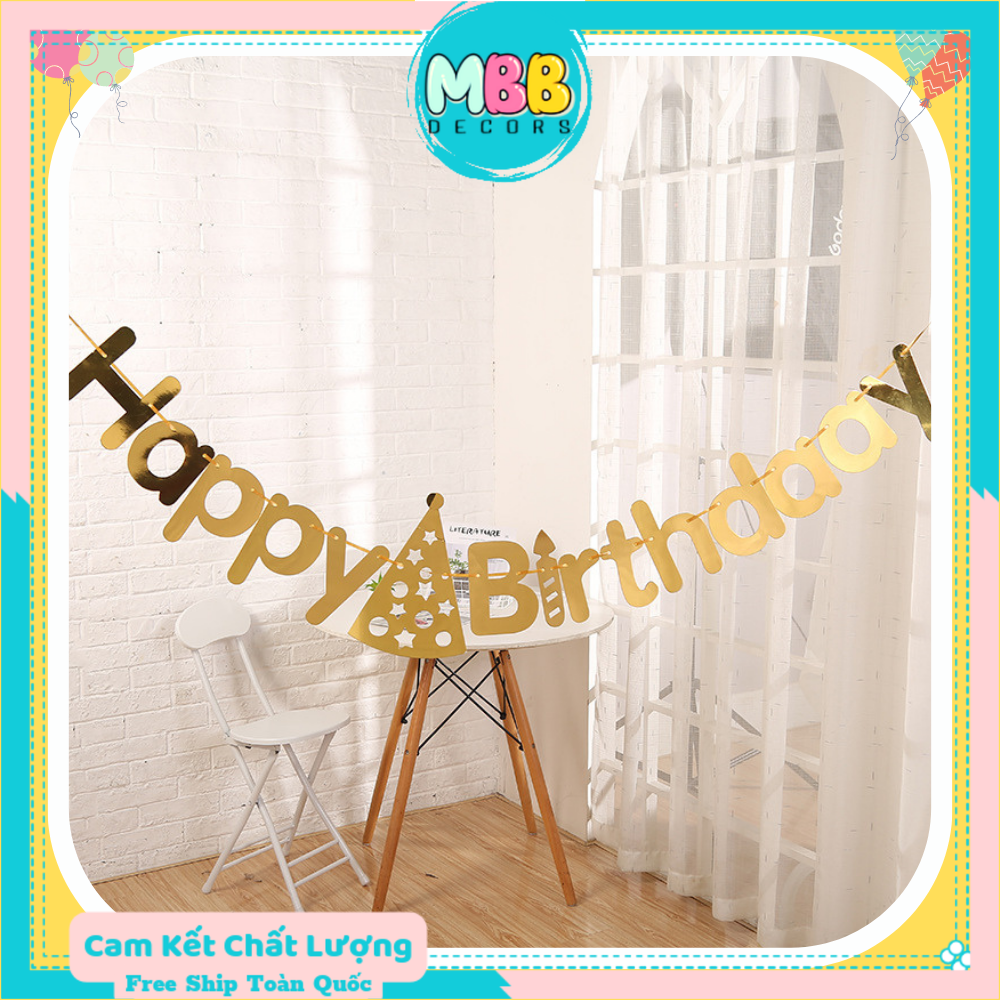 Dây chữ happy birthday ép kim có mũ nón sinh nhật phản quang, trang trí sinh nhật tiệc tùng