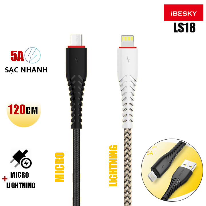 Dây Sạc IPhone IBESKY LS18 5A, Cáp Sạc Micro 5A USB / Lightining Cho IPhone/IPAD/Adroid Chính Hãng