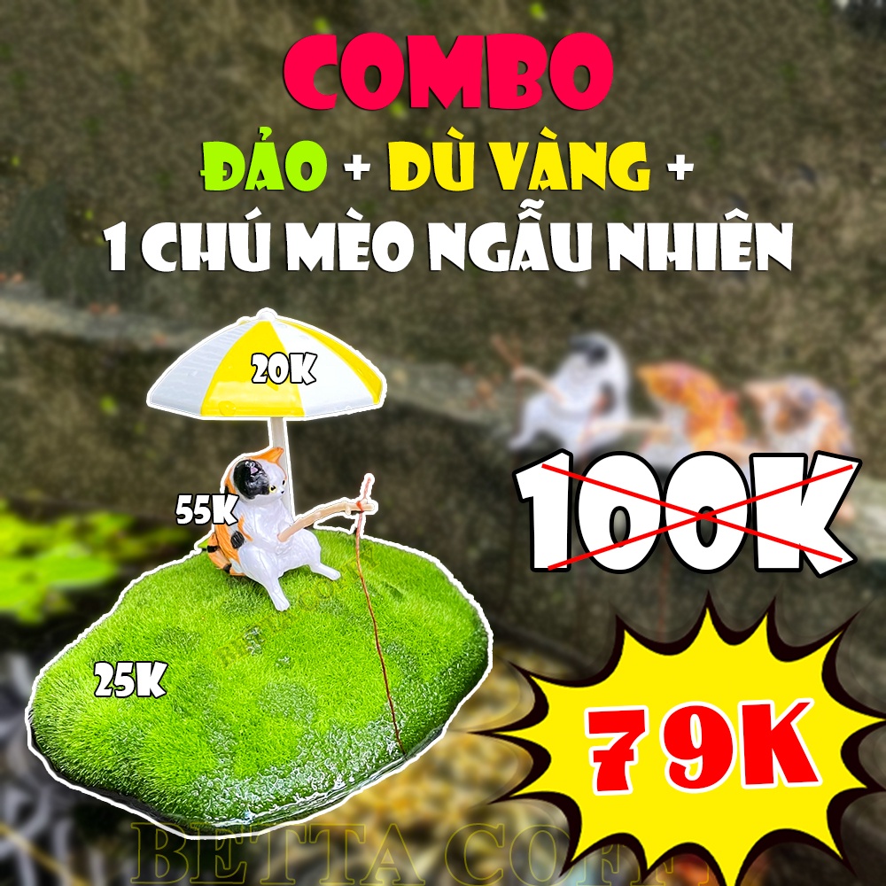 Mô hình mèo câu cá trên đảo trang trí bể cá cảnh thùng xốp decor bàn làm việc