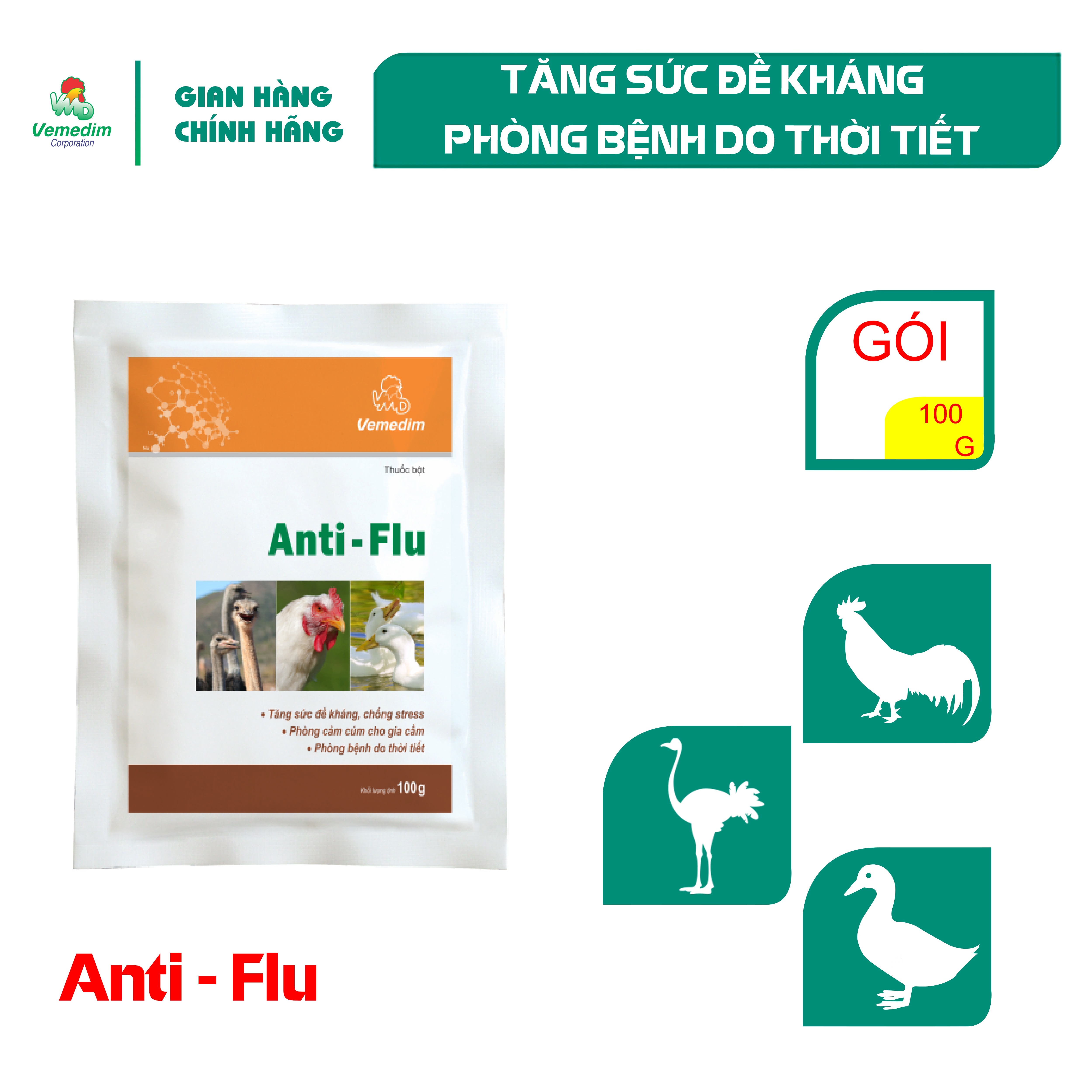 "Hoàn tiền đến 10%" Vemedim Anti-Flu Tăng sức đề kháng, phòng chống stress, phòng bệnh do thay đổi thời tiết cho gia cầm, set 2 gói 100g