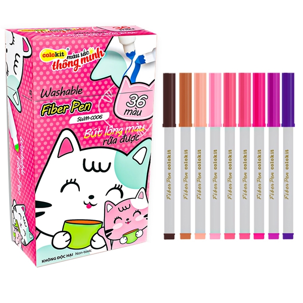 Hộp Bút Lông 36 Màu Fiber Pen Washable - Nét Mảnh Nét To - Colokit SWM-C006