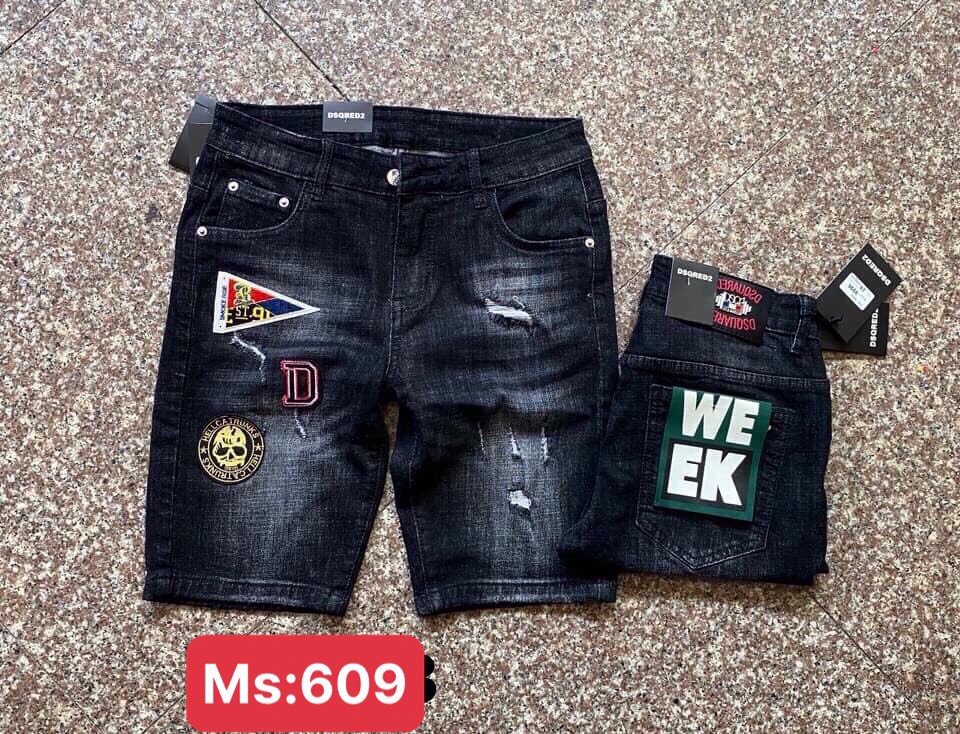 Quần short jean nam đen vá đỏ rách sướt nhẹ và chấm sơn đẹp thêu LOGO thời trang cao cấp hàng chuẩn shop