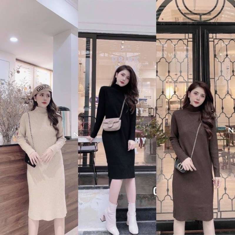 Váy body - đầm suông cổ 3p chất len tăm dáng dài váy len cổ 3p