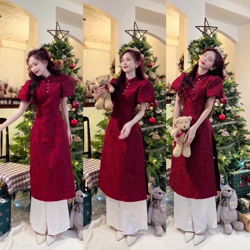 Set đồ tết áo dài gấm đỏ phối nút ngọc cổ tàu mix quần suông trắng cách tân thời trang sang chảnh siêu xinh