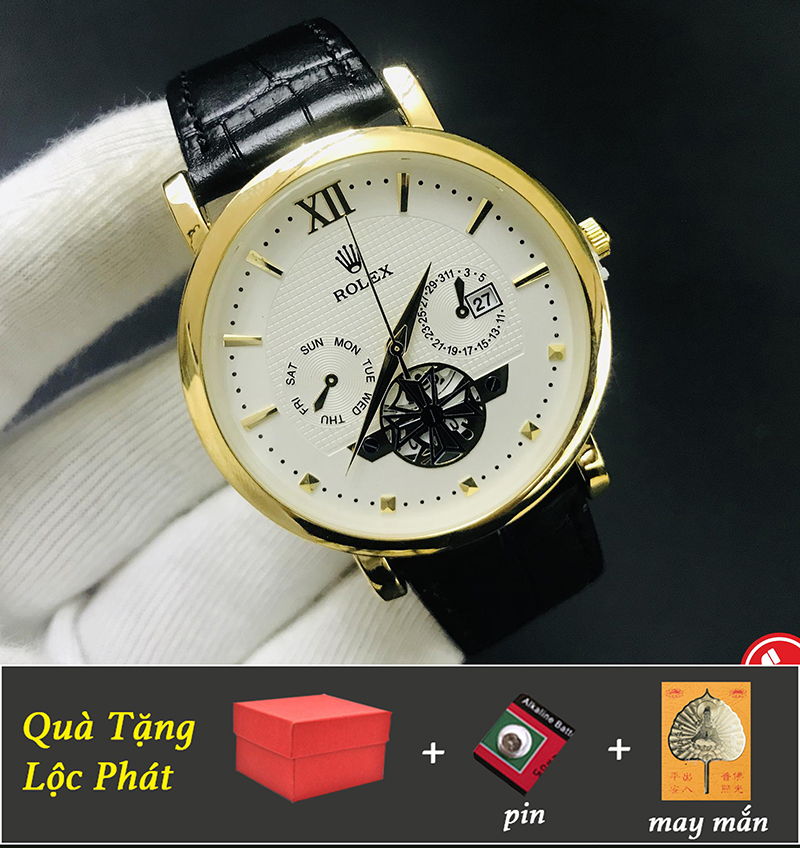 Đồng Hồ Dây Da Màu Đen Nữ Có Lịch Chống Nước Chống Trầy Xước Tặng Pin, Lá Bồ Đề May Mắn Bình An