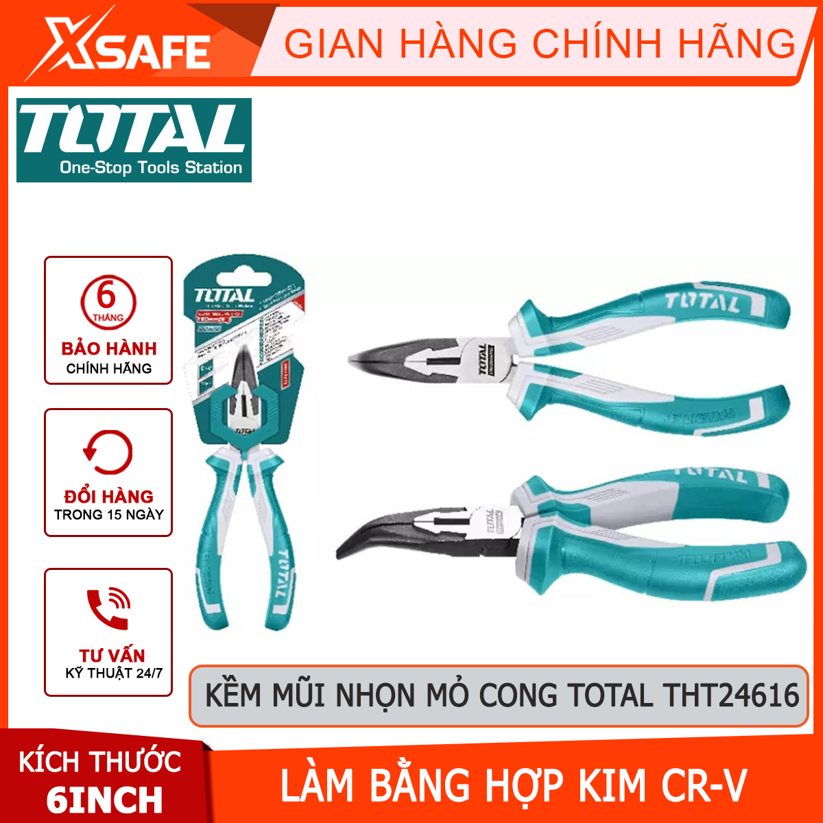 Kìm nhọn mũi cong TOTAL THT24616 | kềm mũi nhọn mỏ cong khả năng cắt dây điện mềm 4.0mm, cắt dây cứng 2.8mm kích thước 163mm kẹp vật dụng...