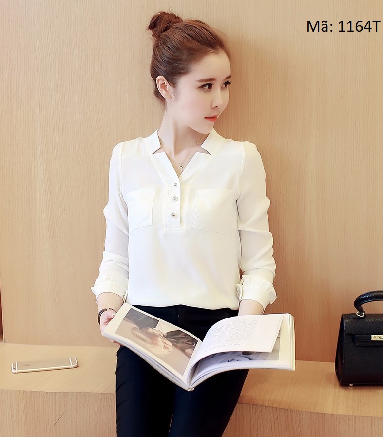 Áo Sơ mi nữ công sở kiểu cổ V cài nút 2 túi