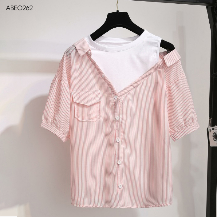 áo cổ sơ mi lệch vai phối trắng bigsize abeo262