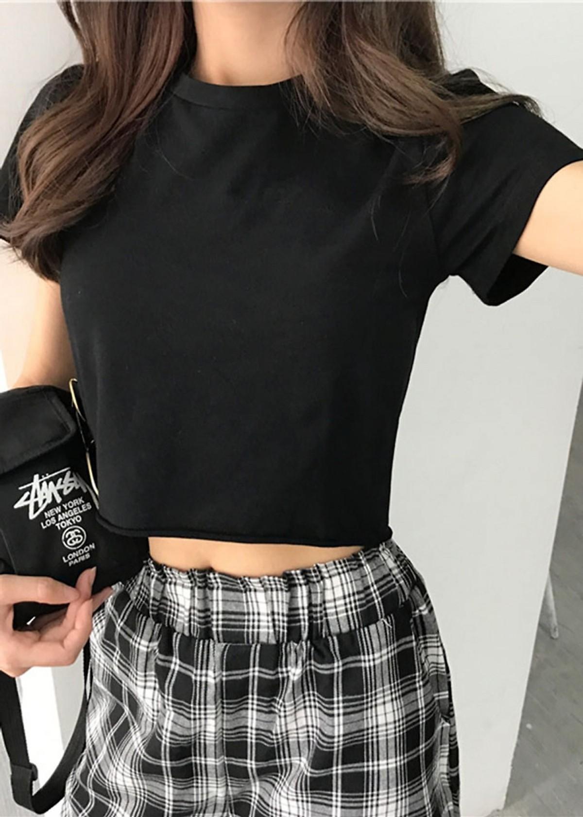 Aó croptop cộc tay thun trơn