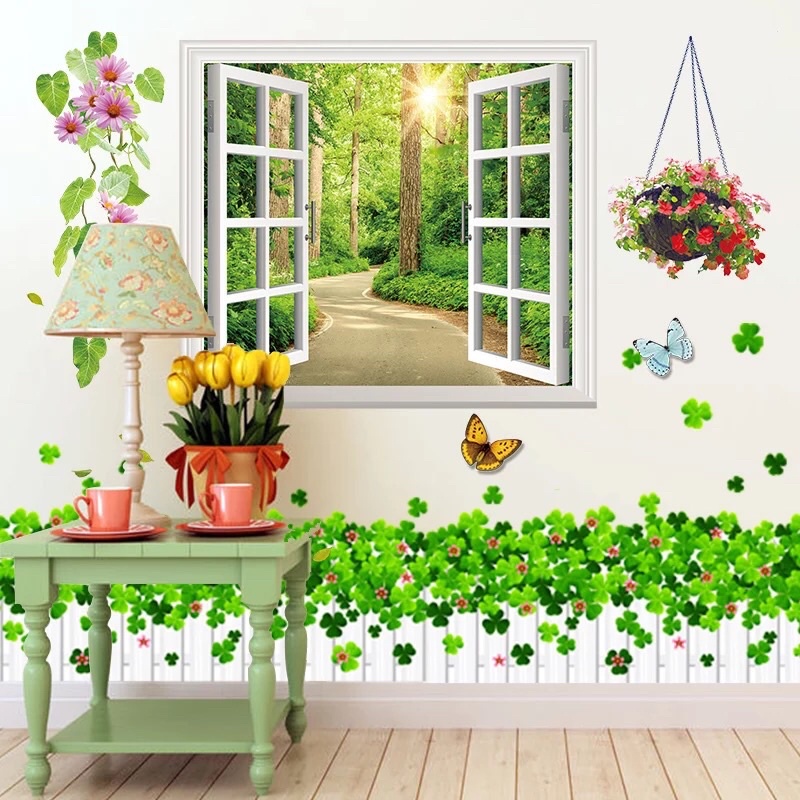 Decal dán tường cửa sổ xanh chân cỏ may mắn.