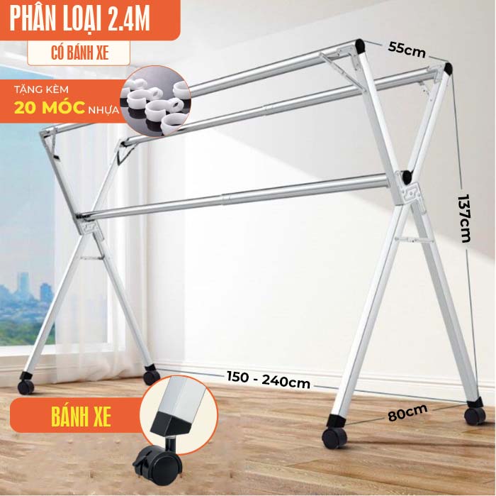 [Tặng COMBO 20 móc]Giá phơi quần áo thông minh, Giàn phơi gấp gọn, chất liệu inox, chất lượng cao chống rỉ sét tốt, Có Bánh Xe  tùy chỉnh kích cỡ tặng kèm móc treo  cố định phơi đồ