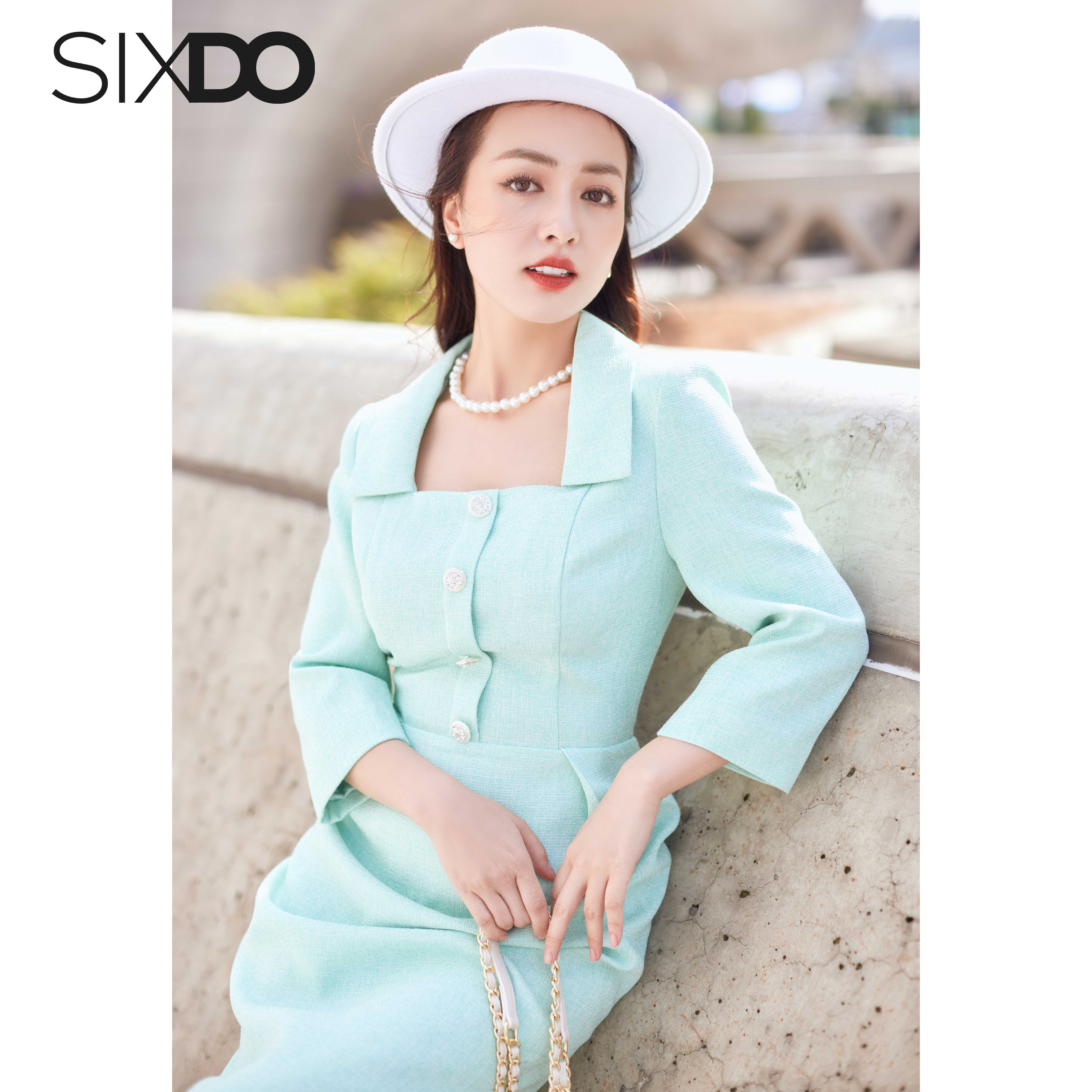 Đầm dạ tweed cổ vuông thời trang SIXDO (Mint Midi Tweed Dress)