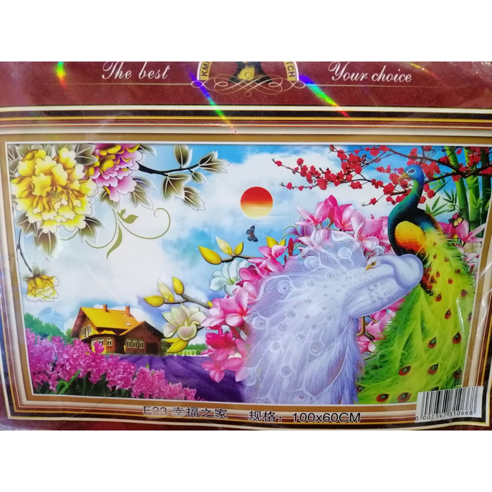 Tranh thêu chữ thập chim công E23-Ngọc Thịnh Tranh chưa thêu., Tranh này cần thêu toàn bộ., Kích thước tranh 1mx60cm