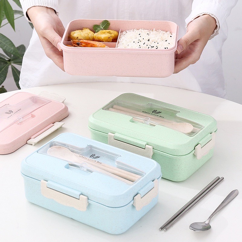Hộp đựng cơm Lúa Mạch 3 ngăn văn phòng tặng kèm thìa và đũa