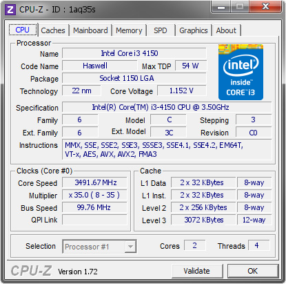 Bộ vi xử lý Intel® Core™ i3-4150 (3M bộ nhớ đệm, 3.5 GHz)