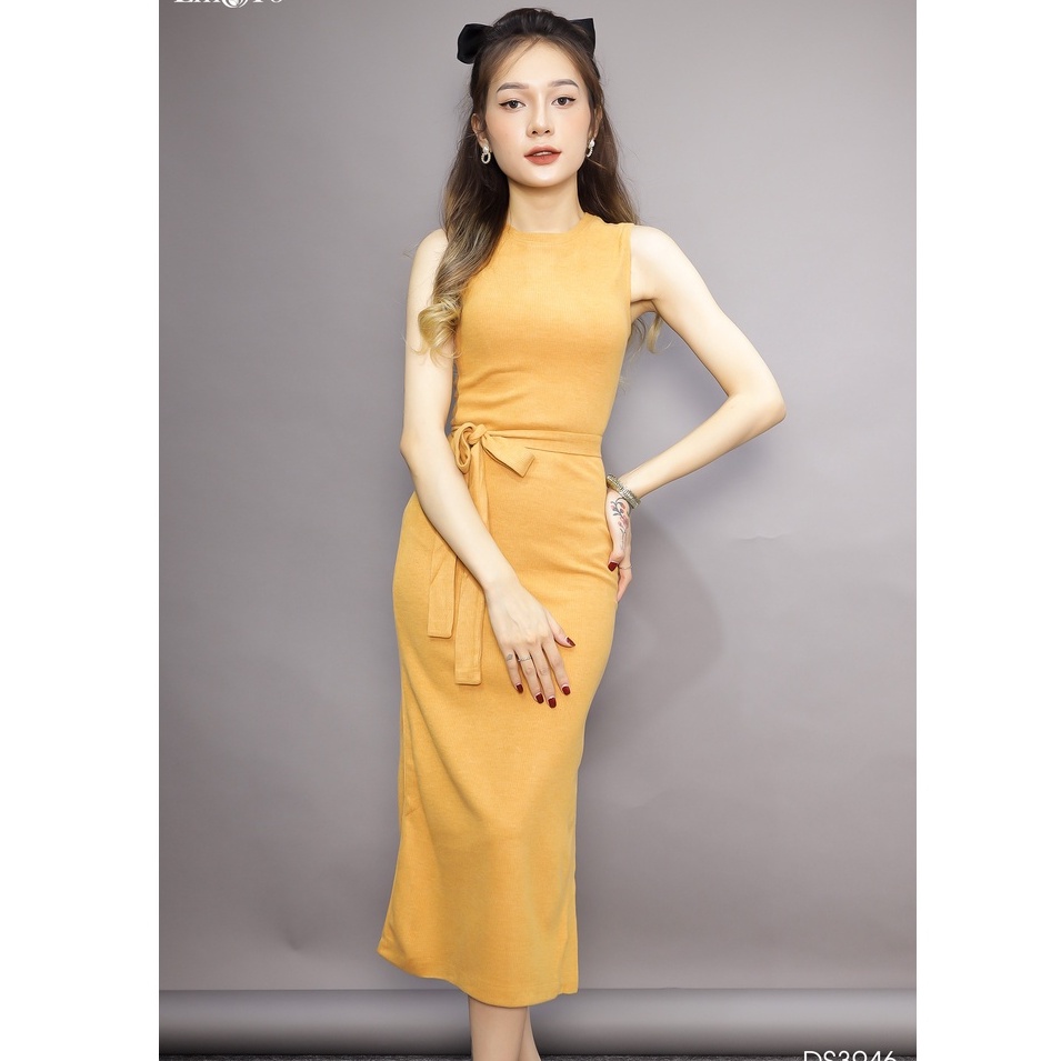 Đầm len mỏng dáng ôm emspo cổ tròn, không tay kèm đai rời ds3946
