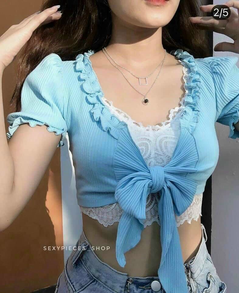 Áo Croptop Gân Cột Nơ Ngực