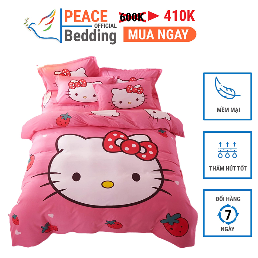 [FREESHIP] Set of Bed Sheet Covers And 2 Pillowcases 4 Pieces Cheap Cute Hello Kitty Pattern Cotton Tina Fabric Material Soft Good Absorbency 3D image Lively For Cushions 1M2, M4, M6, M8, 2M