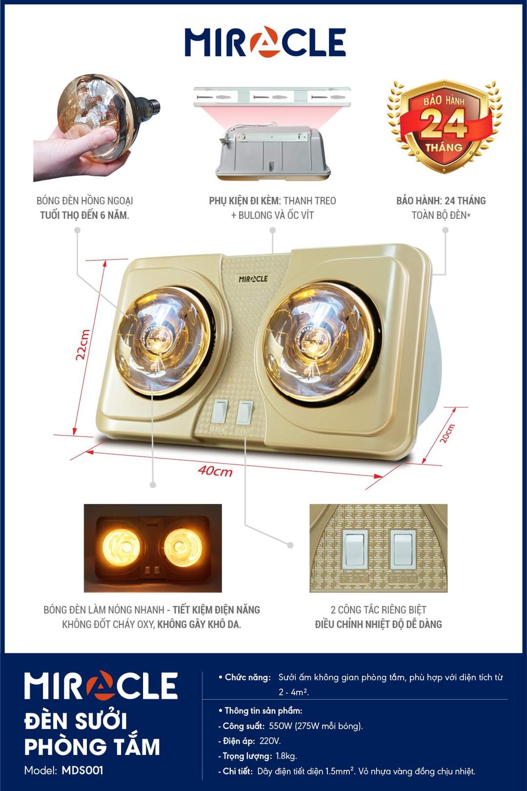 Đèn sưởi nhà tắm 2 bóng Miracle
