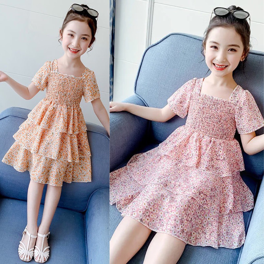 Váy hoa nhí cộc tay nhiều tầng cho bé gái