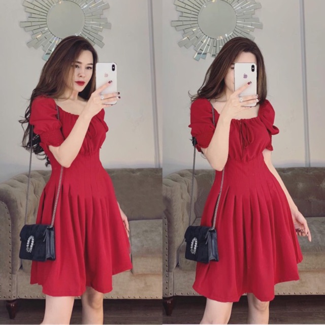 [HCM]Đầm cổ U xếp li eo 3 màu