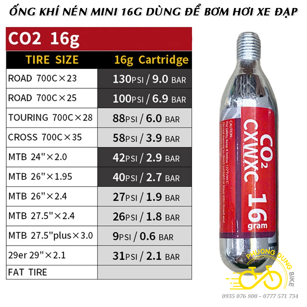 Bình khí nén CO2 bơm hơi xe đạp 16G