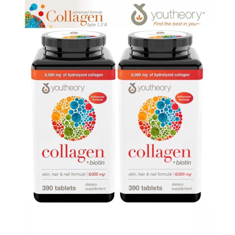 Viên Uống Youtheory Collagen type 1, 2 & 3 + Biotin 6000mg chai 390 viên Date 2022