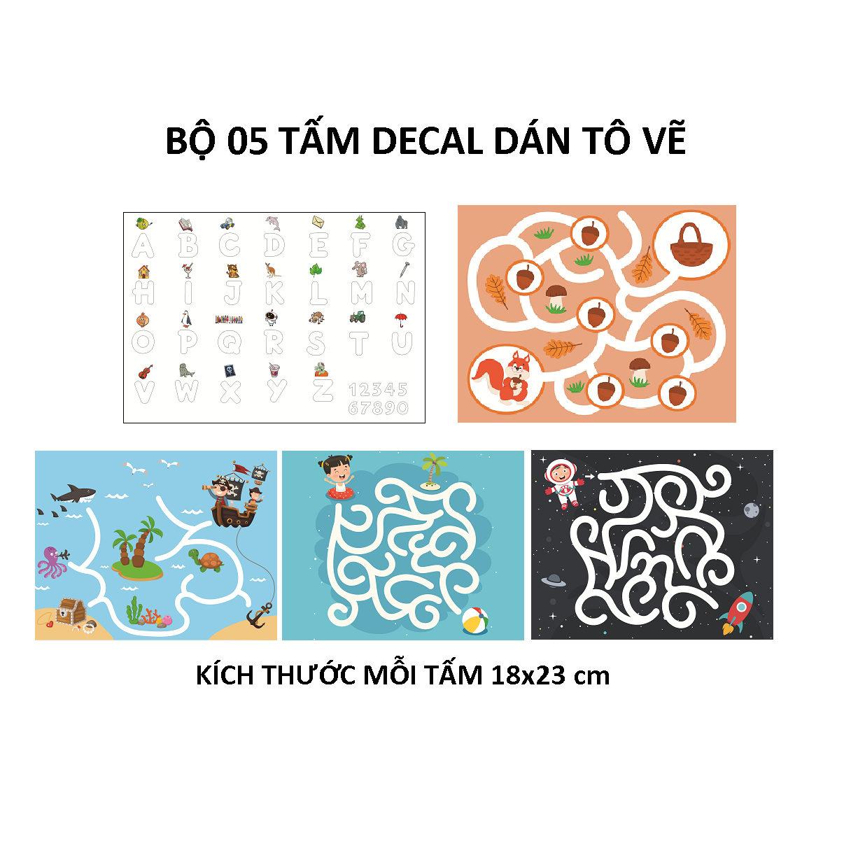 Bộ 05 tấm decal dán TÔ VẼ CHO BÉ chơi - THUTHAODECOR
