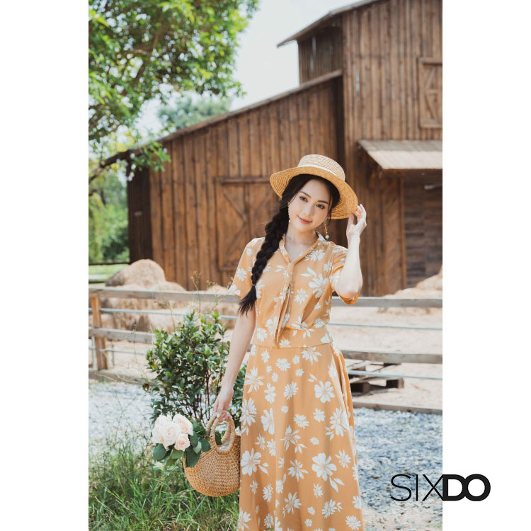 Chân váy hoa lụa chữ A thời trang SIXDO (Light Brown Floral Midi Silk Skirt)