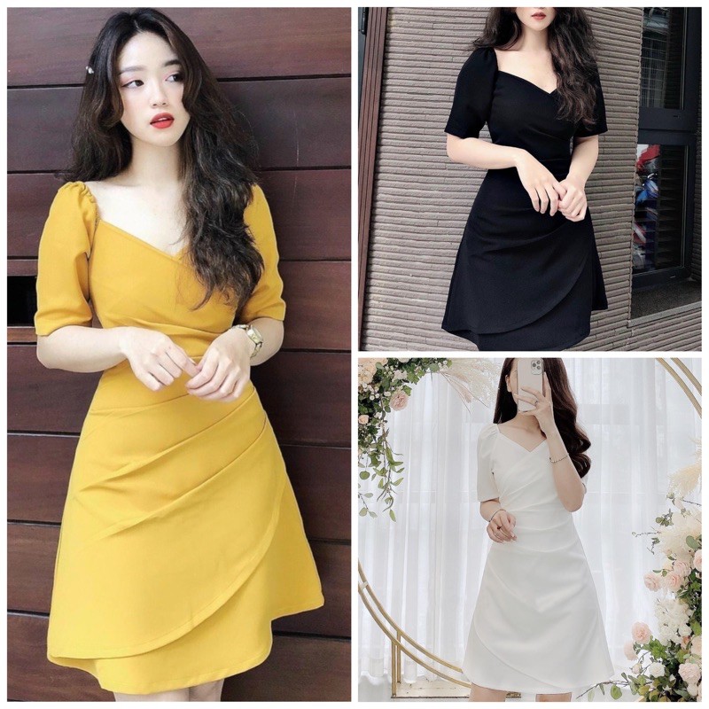 Đầm cổ V xếp li eo 3 màu