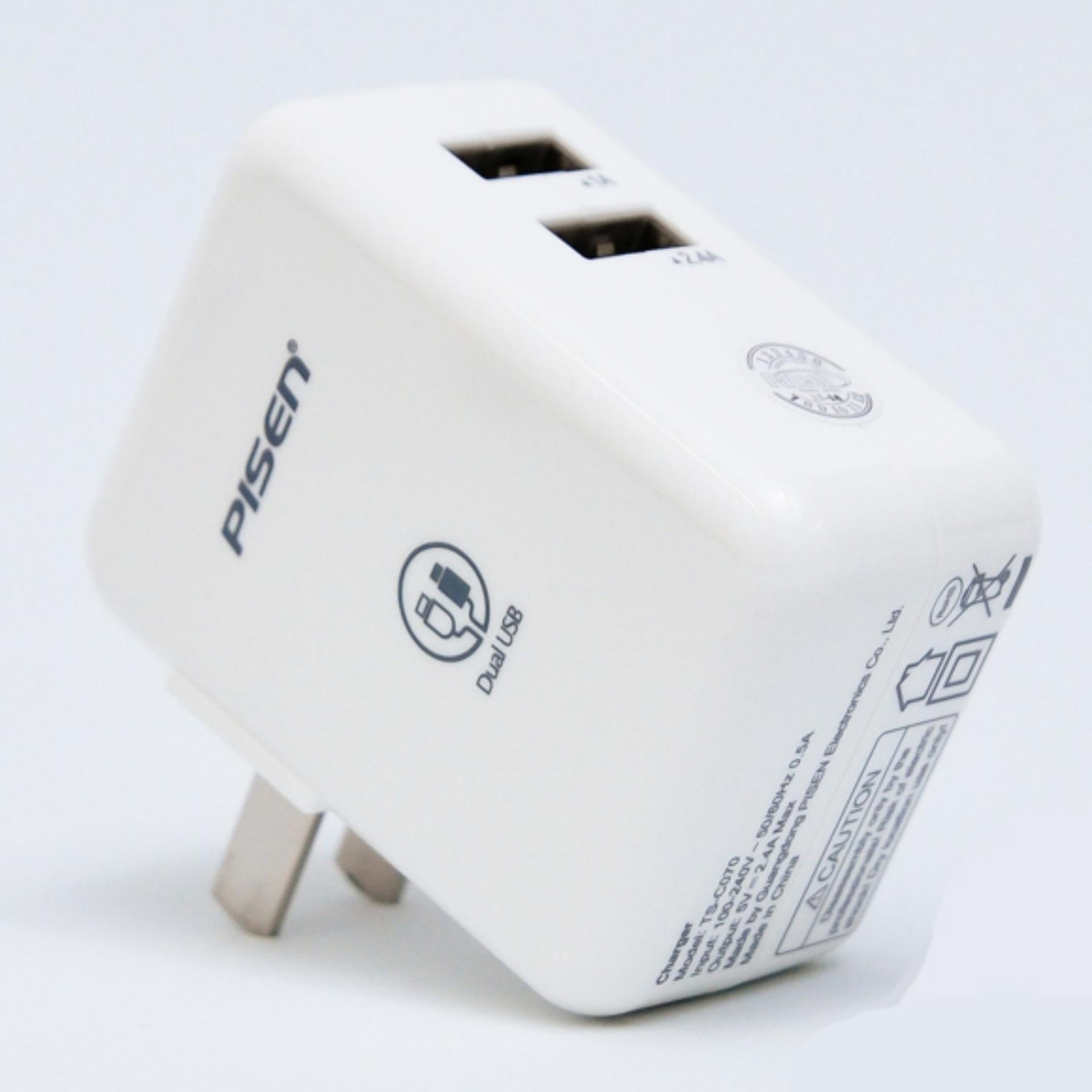 Cốc sạc 2 cổng Pisen TS-C070 tích hợp 1 USB 1A và 1 USB 2.4A - thiết kế chân gập tiện lợi (Trắng) Nhất Tín Computer