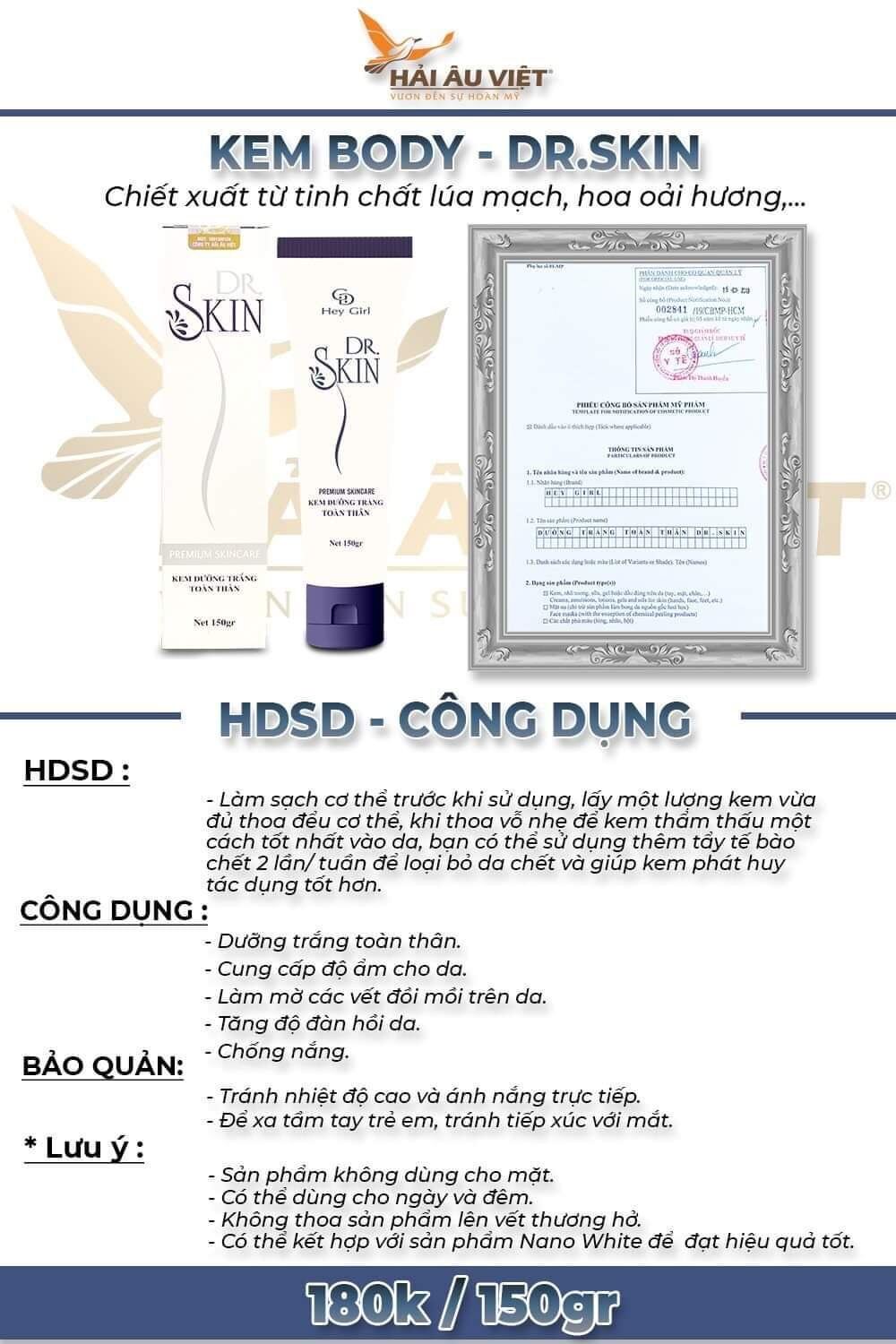Kem Trắng Da Body Dr.skin Trắng Chống Nắng (sỉ)