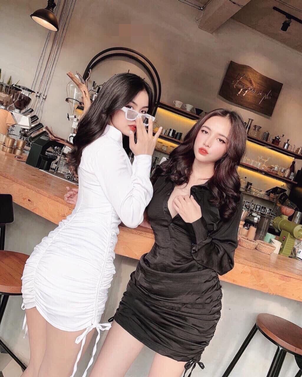 Đầm body rút dây cổ sơ mi