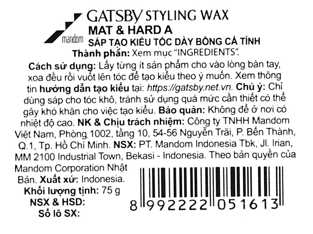 Wax vuốt tóc Gatsby Mat & Hard xám 75g (mẫu mới)
