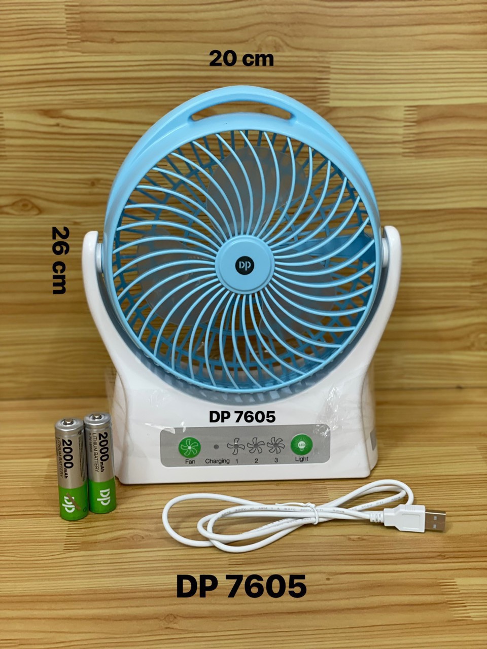 Quạt sạc dp-7605, cầm tay/để bàn, 3 chức năng quạt tiện dụng - có đèn led phụ bên hông quạt, pin 4000 mah