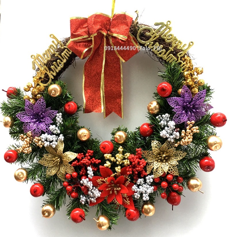 Vòng nguyệt quế 40cm khung rơm  - Vòng hoa Giáng Sinh đẹp cao cấp