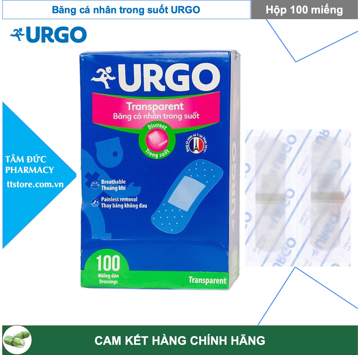 Băng cá nhân URGO [Vải - Trong suốt - Bản lớn ít thấm nước]