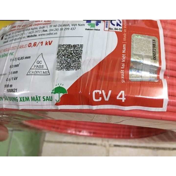 (Bán lé 10 Mét) Dây điện Cadivi CV 4.0 đơn 7 SỢI