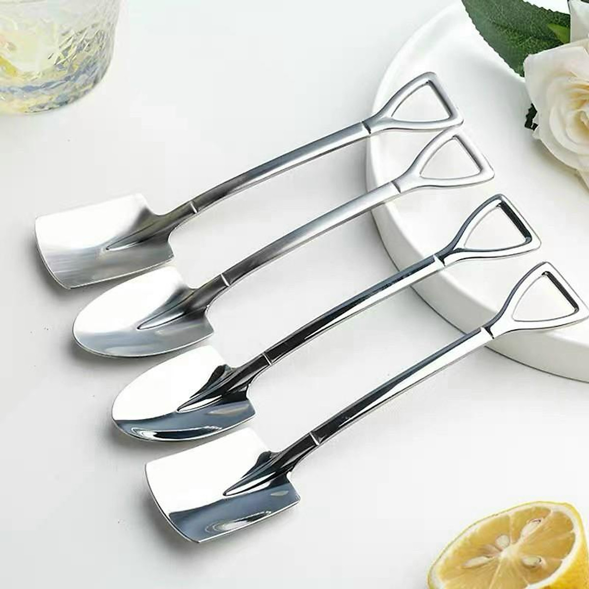 Set 4 thìa ăn bánh, uống trà hình xẻng bạc độc đáo