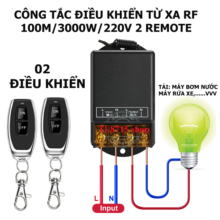 [2 TAY ĐIỀU KHIỂN-MẪU MỚI NHẤT NĂM 2020] Bộ công tắc điều khiển từ xa 100m/3000W/220V cho máy bơm nước máy rửa xe và thiết bị điện công suất lớn