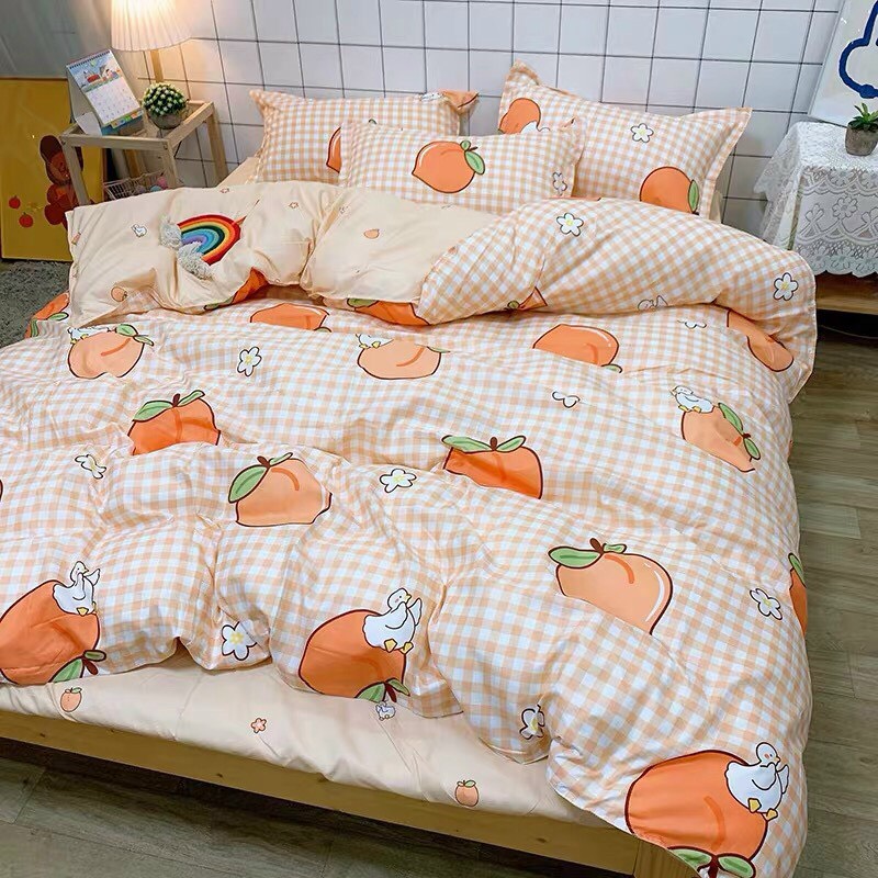 Bộ chăn ga gối cotton 3D hoạt hình 4 món mẫu đào cam EMMIBEDDING STORE
