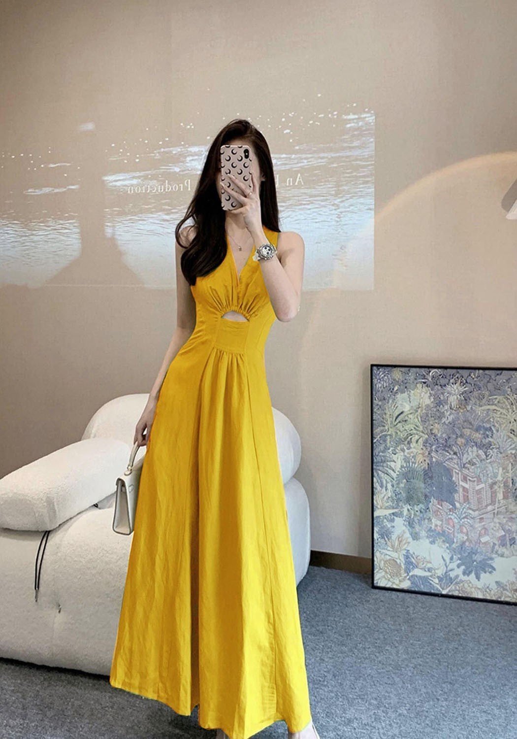 Đầm maxi dáng dài cổ V chất linen siêu mát