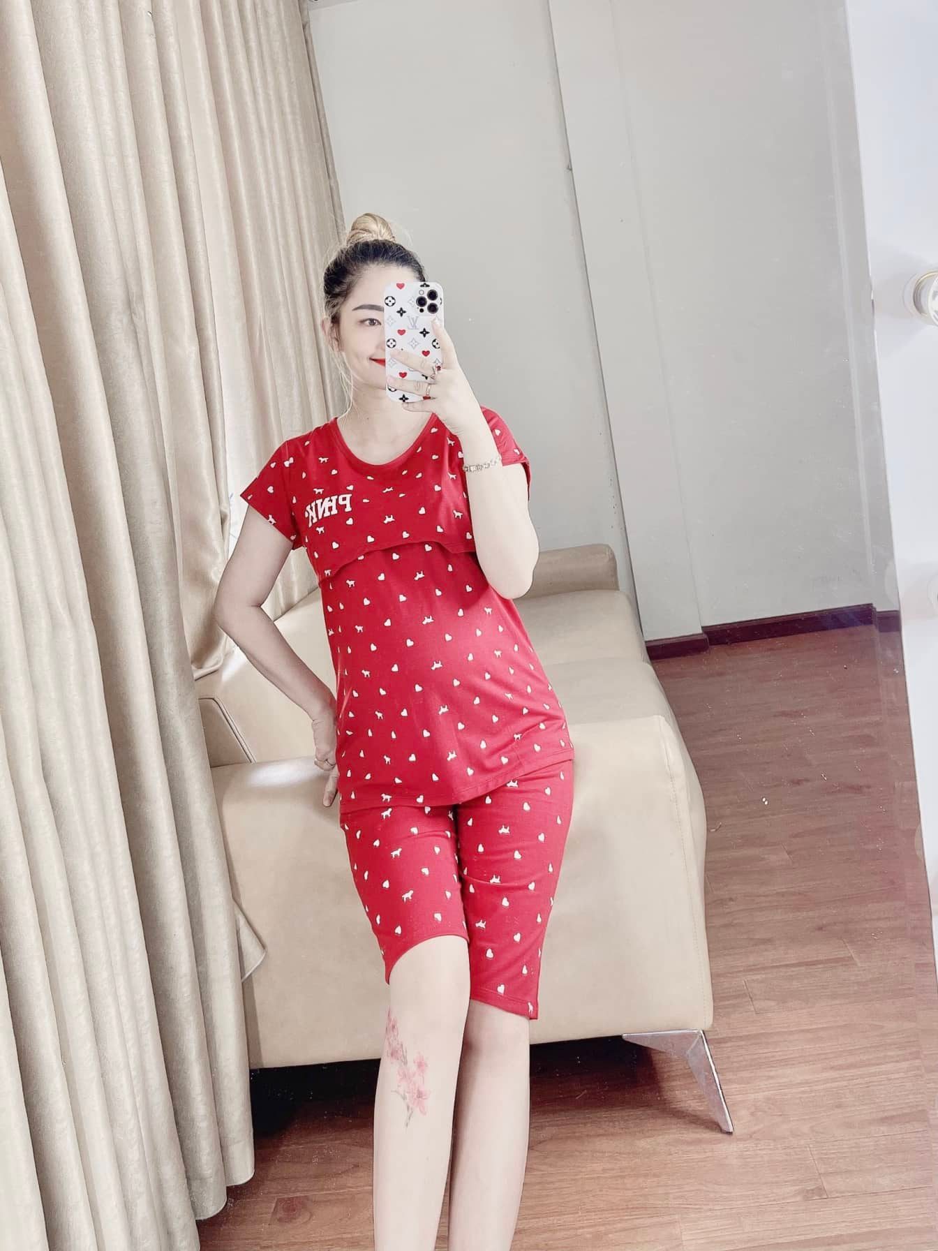 Bộ bầu lửng bầu và sau sinh pink vải cotton cao cấp, mềm mịn