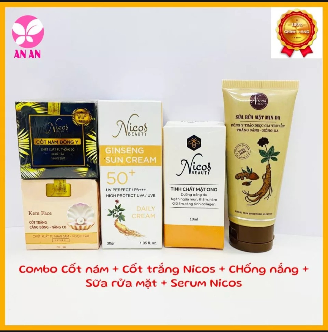 Combo mỹ phẩm Nicos Thanh Nhi - Kem cốt nám đông y + Cốt trắng + Chống nắng rễ sâm + Serum mật ong+ Sữa rửa mặt đông y nicos beauty- hàng chính hãng