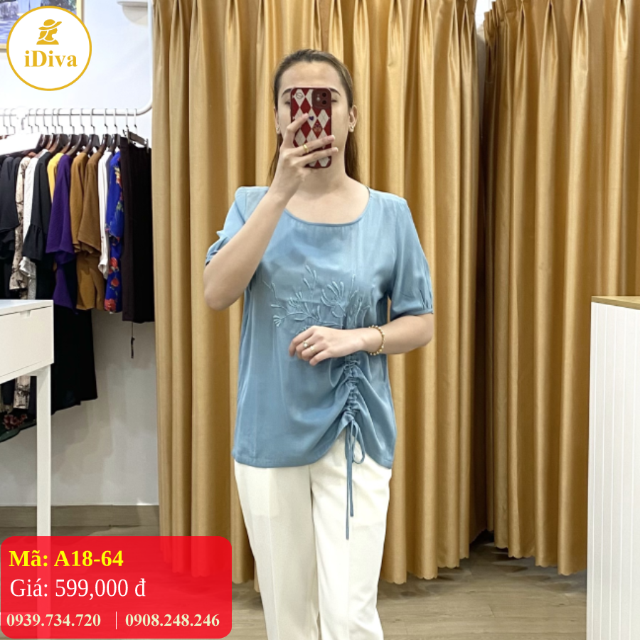 Áo trung niên iDiva A18-64, chất liệu lụa cao cấp, dáng suông nhẹ phù hợp U50 dự tiệc & dạo phố - M