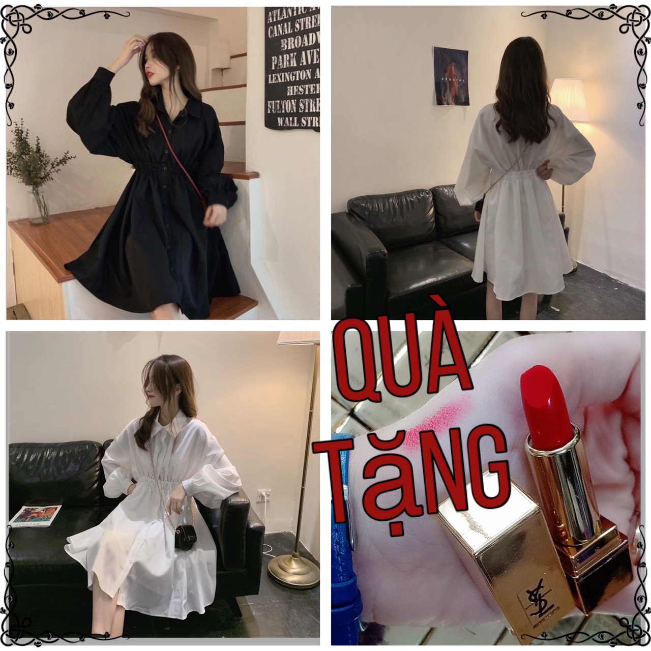 [HCM]ĐẦM SƠ MI TAY DÀI HAI MÀU TRẮNG ĐEN CHIẾC EO PHONG CÁCH