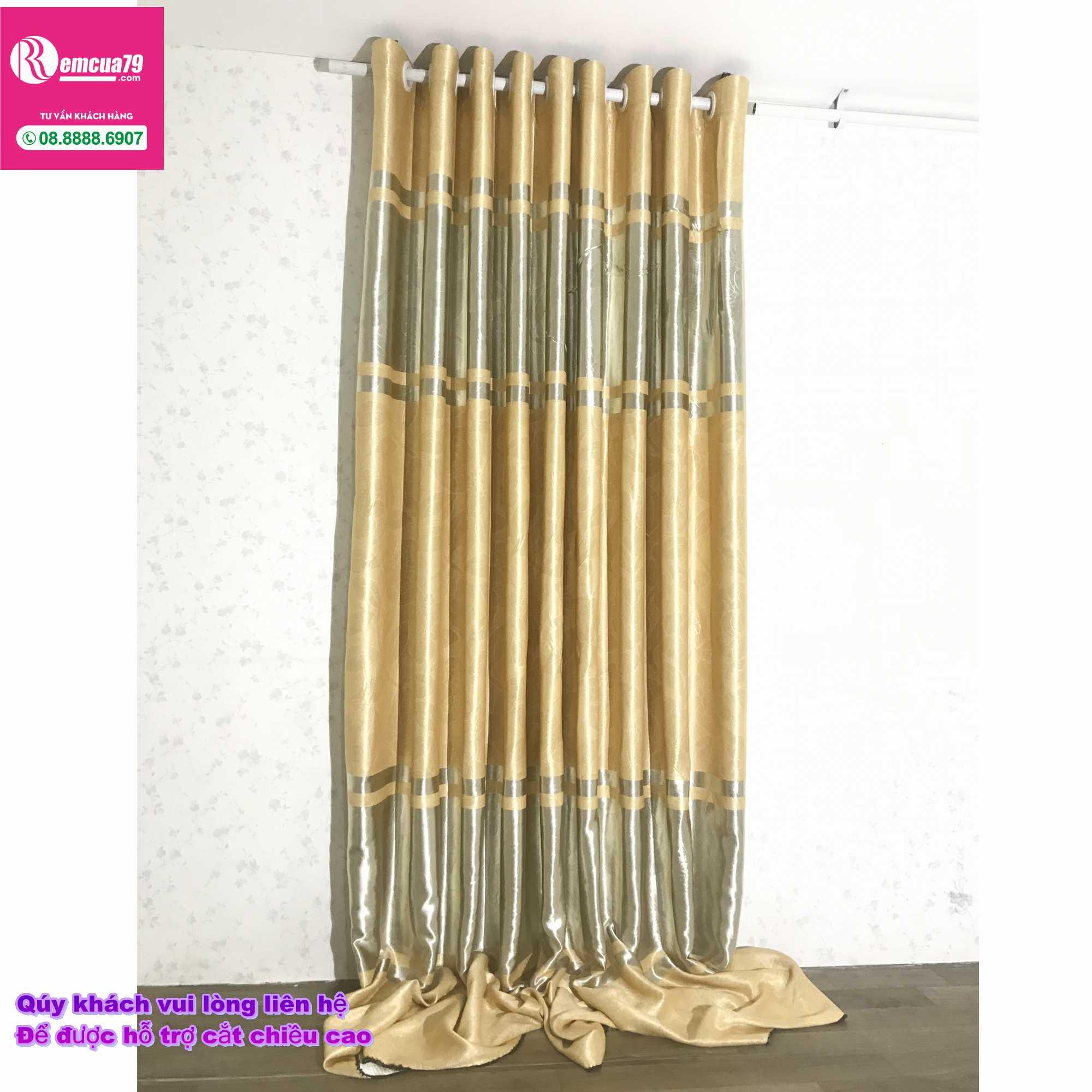 Rèm, màn cửa Ph curtains( ngang200cm x cao 130cm) Màu Vàng xám nhẹ hoa văn chìm + tặng dây vén màn