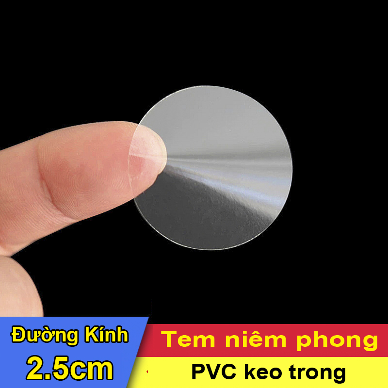 400 Tem dán niêm phong hộp sản phẩm PVC trong suốt kích thước TRÒN 2.5CM
