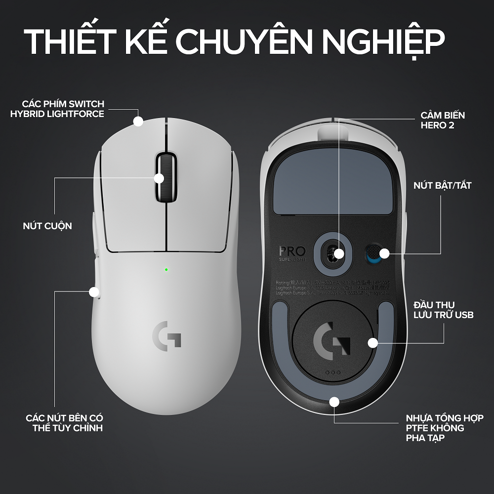 [Siêu sale 10.7- Giảm 40%]Chuột gaming Logitech G PRO X SUPERLIGHT 2 Lightspeed - Nhẹ 60g, Switch LightForce, Cảm biến Hero 2, DPI 32K